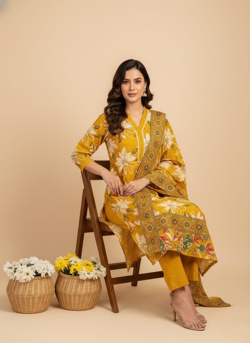 Mustard Yellow Soft Cotton Printed Suit Set with Floral Dupatta