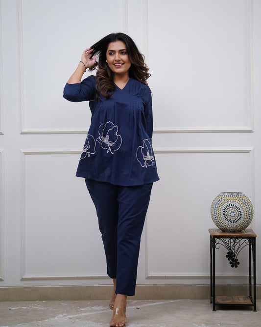 Navy Blue Premium Cotton Co-ord Set with Floral Embroidery