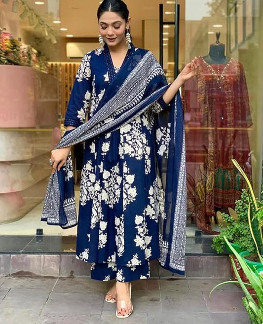 Navy Blue Cotton Ethnic Set with Dupatta