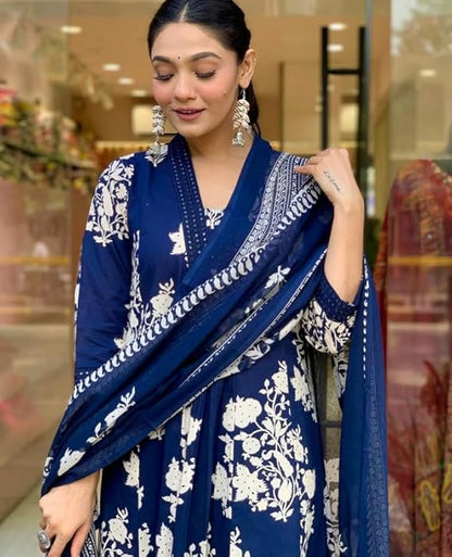 Navy Blue Cotton Ethnic Set with Dupatta
