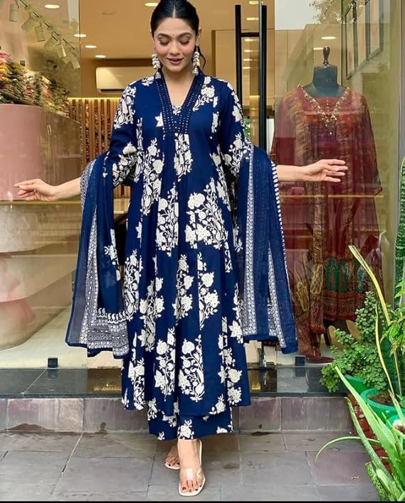 Navy Blue Cotton Ethnic Set with Dupatta