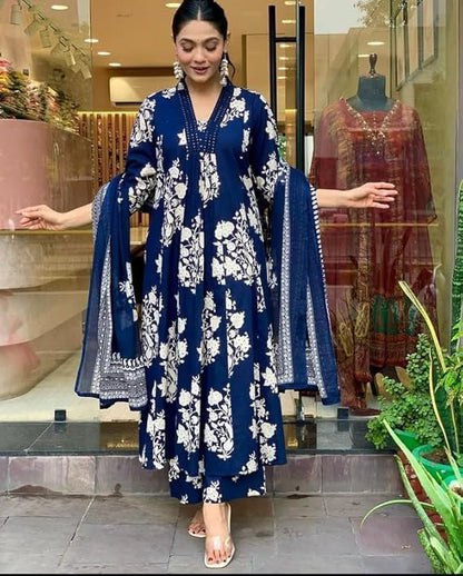 Navy Blue Cotton Ethnic Set with Dupatta