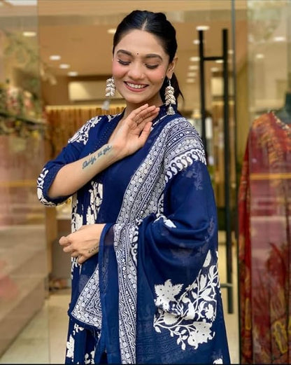 Navy Blue Cotton Ethnic Set with Dupatta