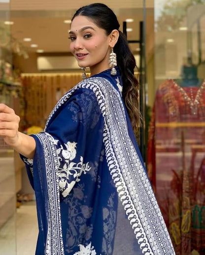Navy Blue Cotton Ethnic Set with Dupatta