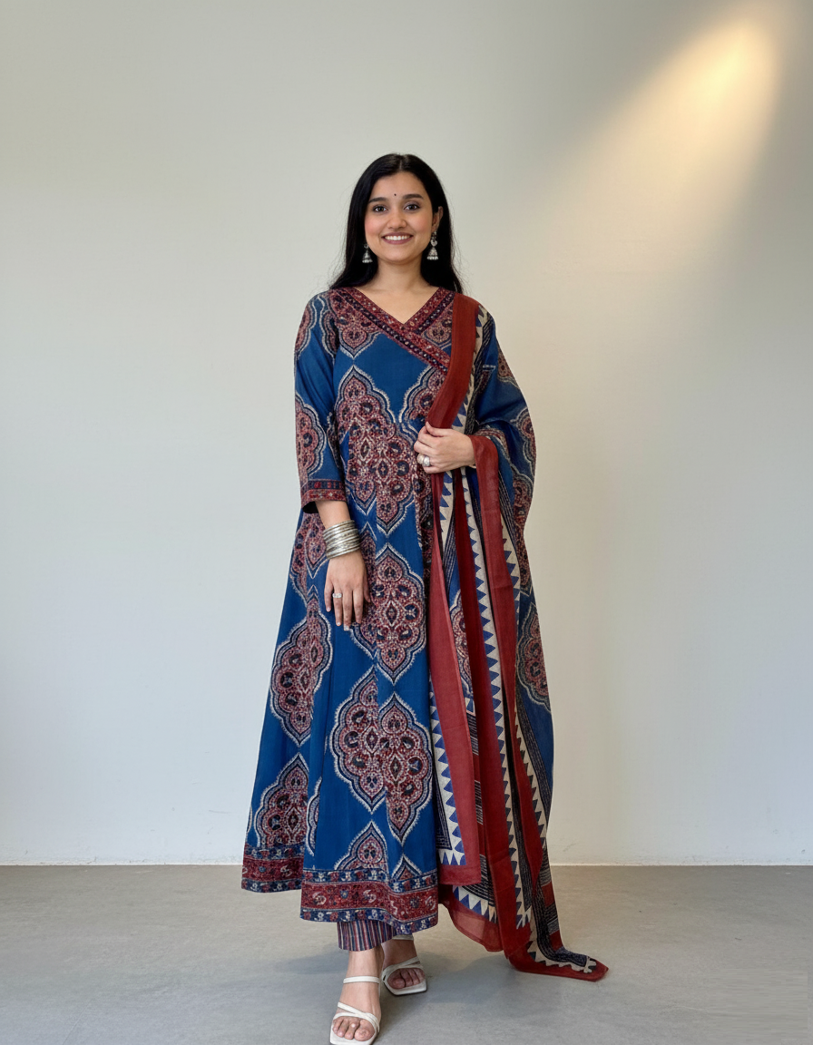 Navy Blue Cotton Anarkali Set with Traditional Block Print – Daily & Office Wear