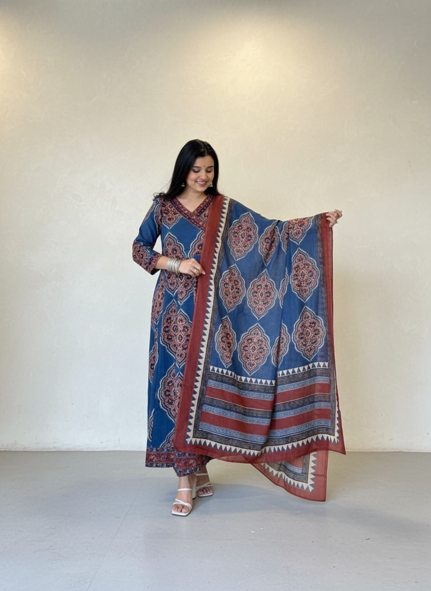 Navy Blue Cotton Anarkali Set with Traditional Block Print – Daily & Office Wear