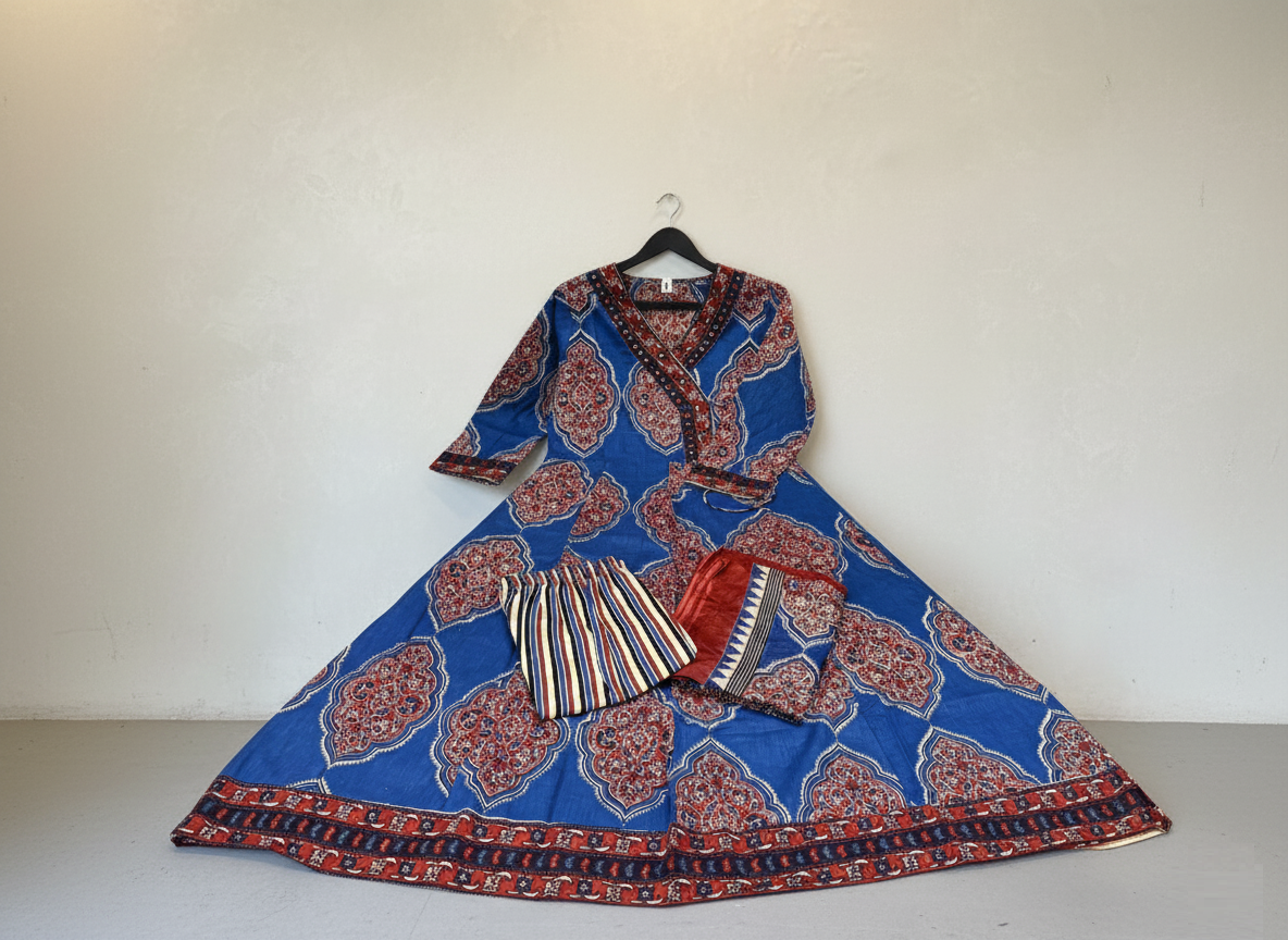 Navy Blue Cotton Anarkali Set with Traditional Block Print – Daily & Office Wear