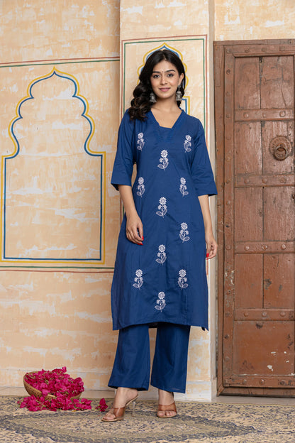 Navy Blue Cotton Embroidered Kurta Co-ord Set for Women