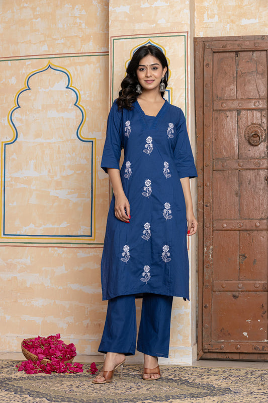 Navy Blue Cotton Embroidered Kurta Co-ord Set for Women