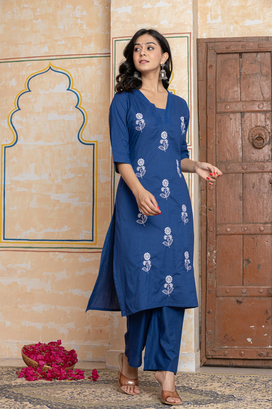 Navy Blue Cotton Embroidered Kurta Co-ord Set for Women