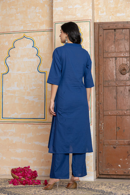 Navy Blue Cotton Embroidered Kurta Co-ord Set for Women