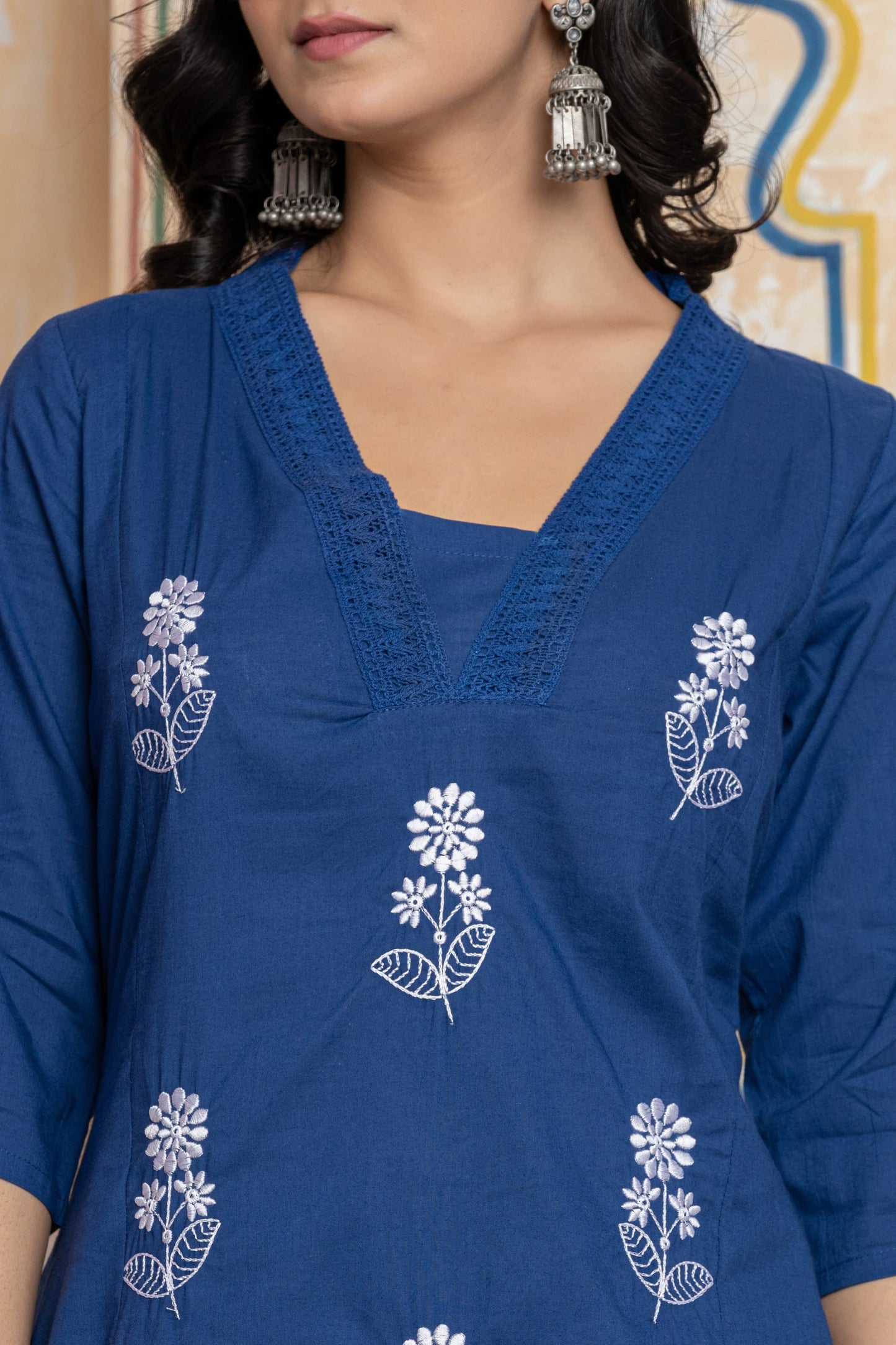 Navy Blue Cotton Embroidered Kurta Co-ord Set for Women
