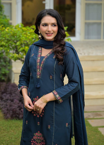 Navy Blue Cotton Embroidered Suit Set – Elegant Festive & Party Wear