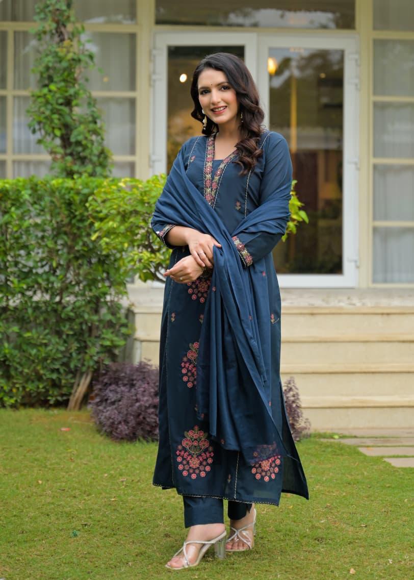 Navy Blue Cotton Embroidered Suit Set – Elegant Festive & Party Wear