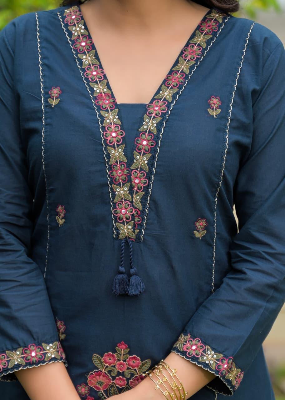 Navy Blue Cotton Embroidered Suit Set – Elegant Festive & Party Wear