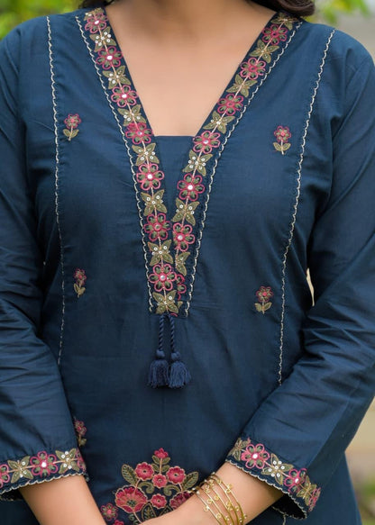 Navy Blue Cotton Embroidered Suit Set – Elegant Festive & Party Wear