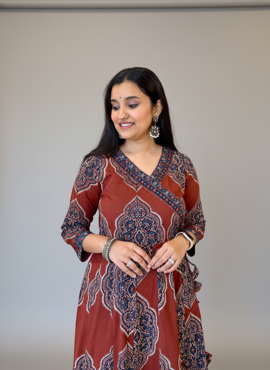 Rust Brown Cotton Anarkali Set with Traditional Block Print – Daily & Office Wear