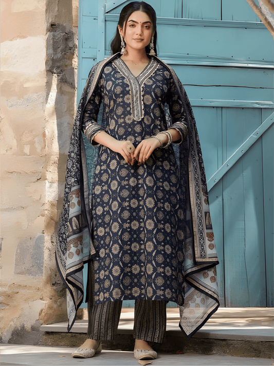 Navy Blue Cotton Suit Set with Ethnic Floral Motifs