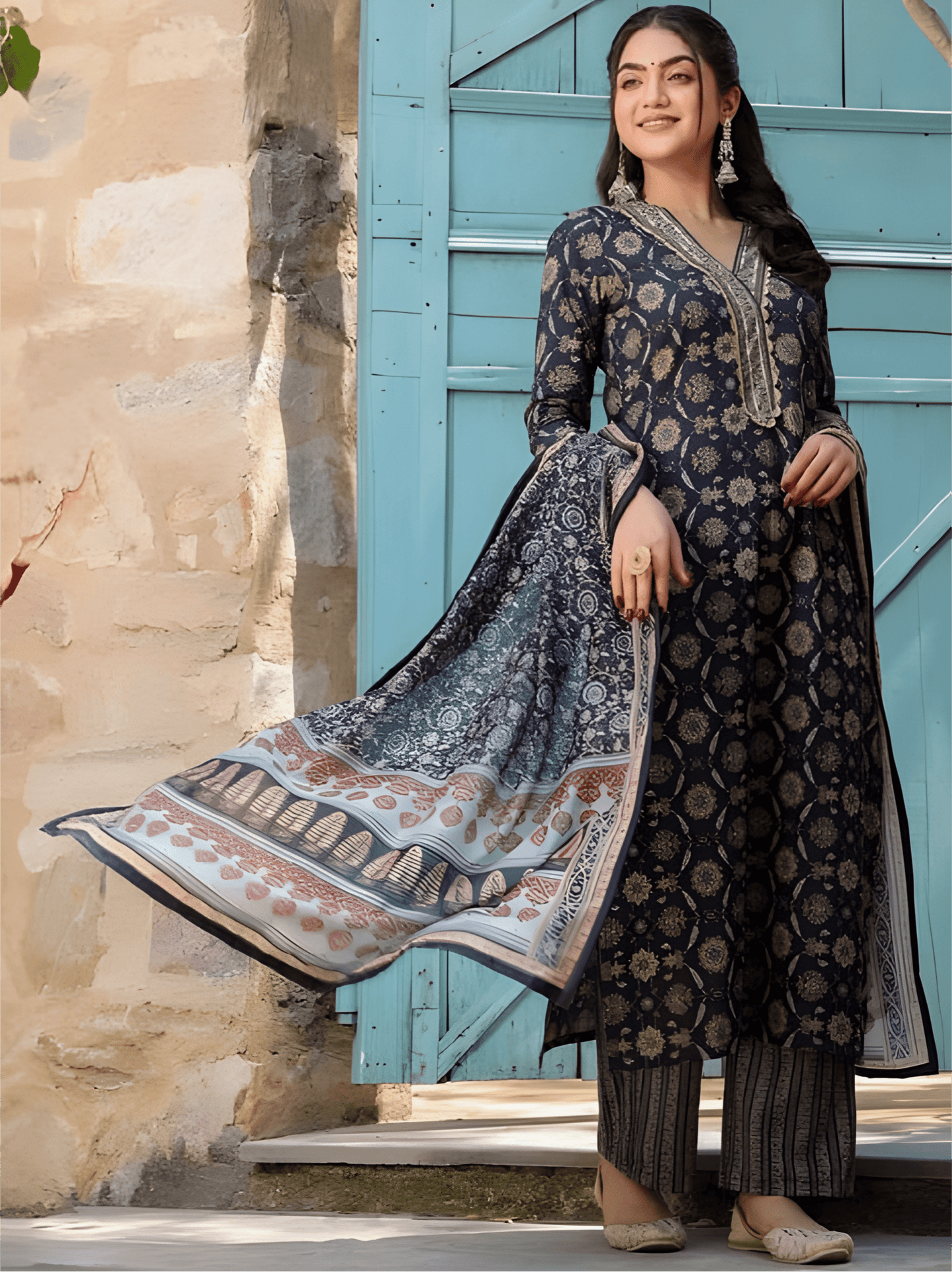 Navy Blue Cotton Suit Set with Ethnic Floral Motifs