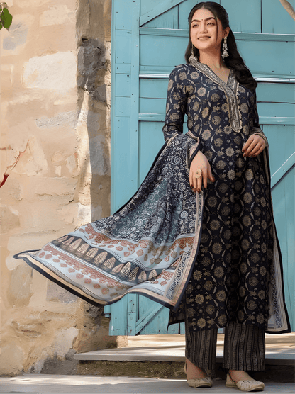 Navy Blue Cotton Suit Set with Ethnic Floral Motifs