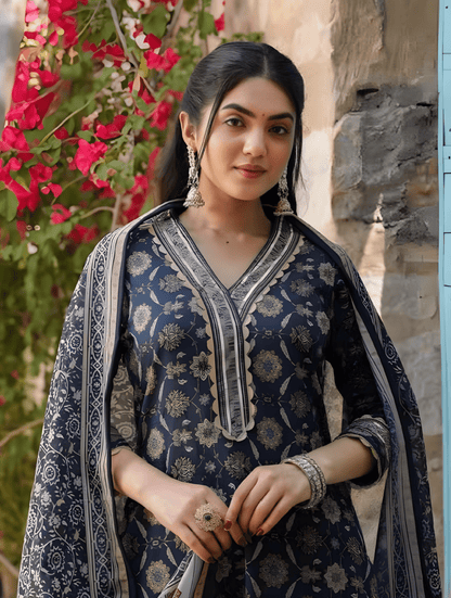 Navy Blue Cotton Suit Set with Ethnic Floral Motifs