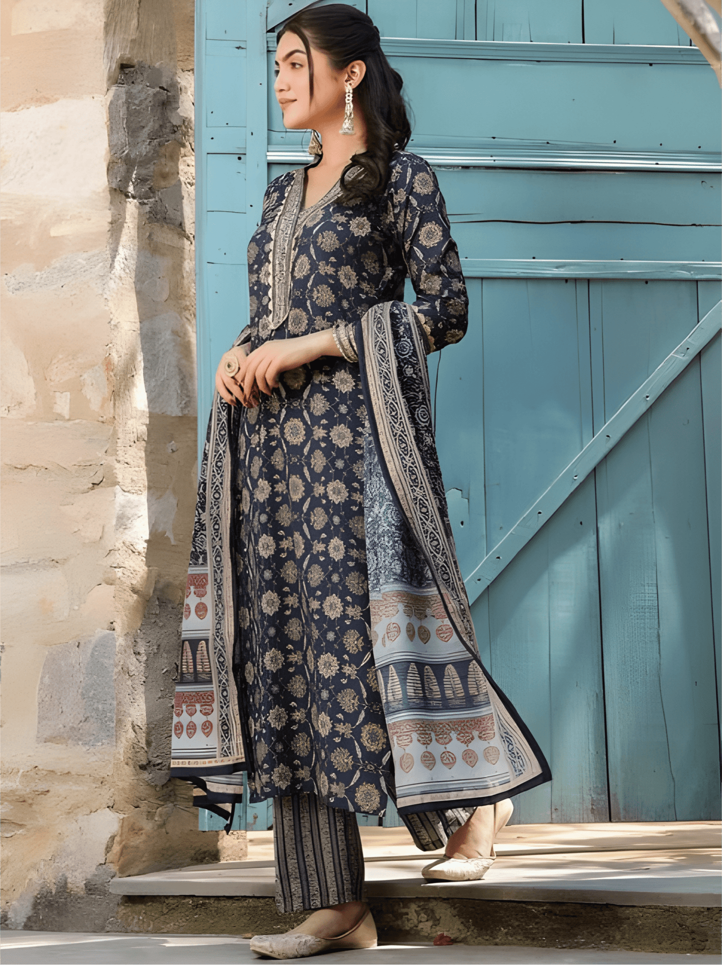 Navy Blue Cotton Suit Set with Ethnic Floral Motifs