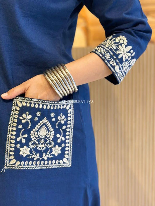 Navy Blue Cotton Slub Kurta Set with Pockets