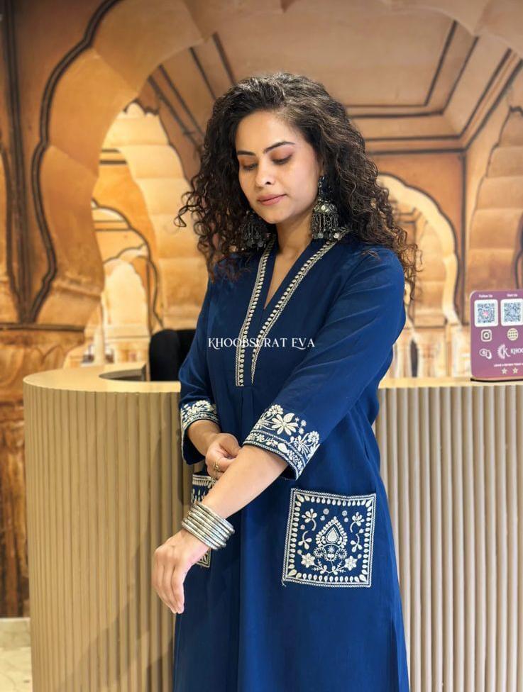 Navy Blue Cotton Slub Kurta Set with Pockets