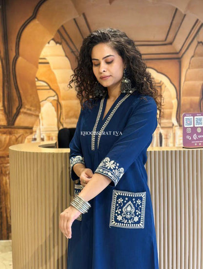 Navy Blue Cotton Slub Kurta Set with Pockets