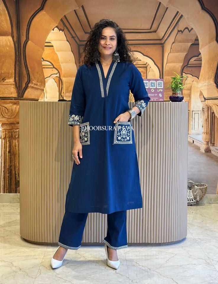Navy Blue Cotton Slub Kurta Set with Pockets