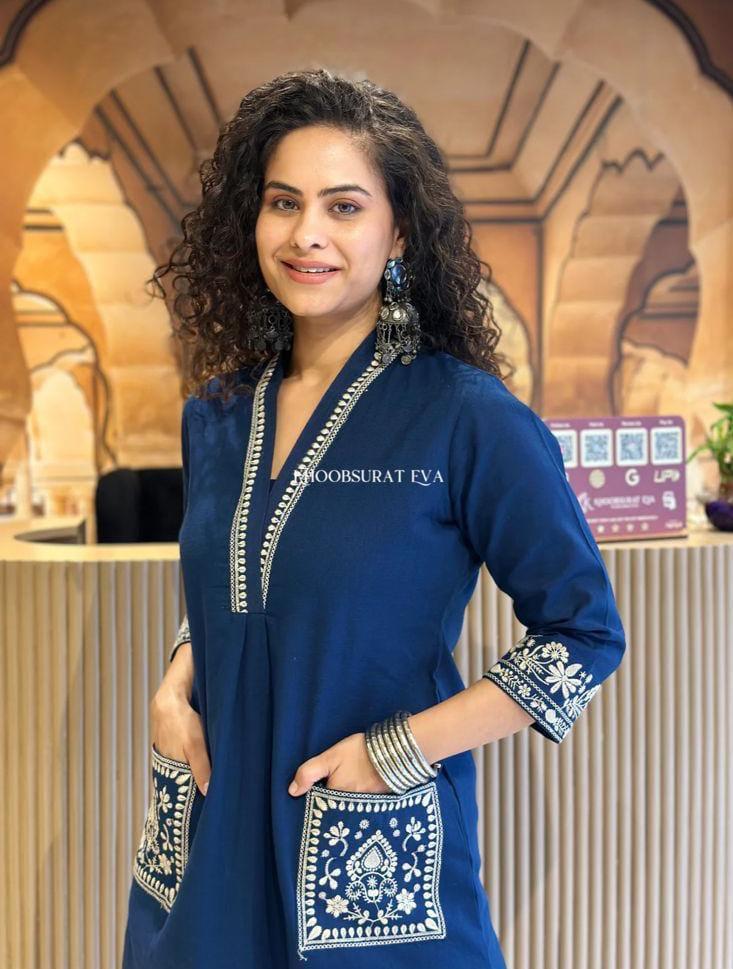 Navy Blue Cotton Slub Kurta Set with Pockets