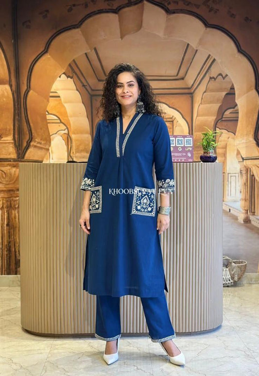 Navy Blue Cotton Slub Kurta Set with Pockets