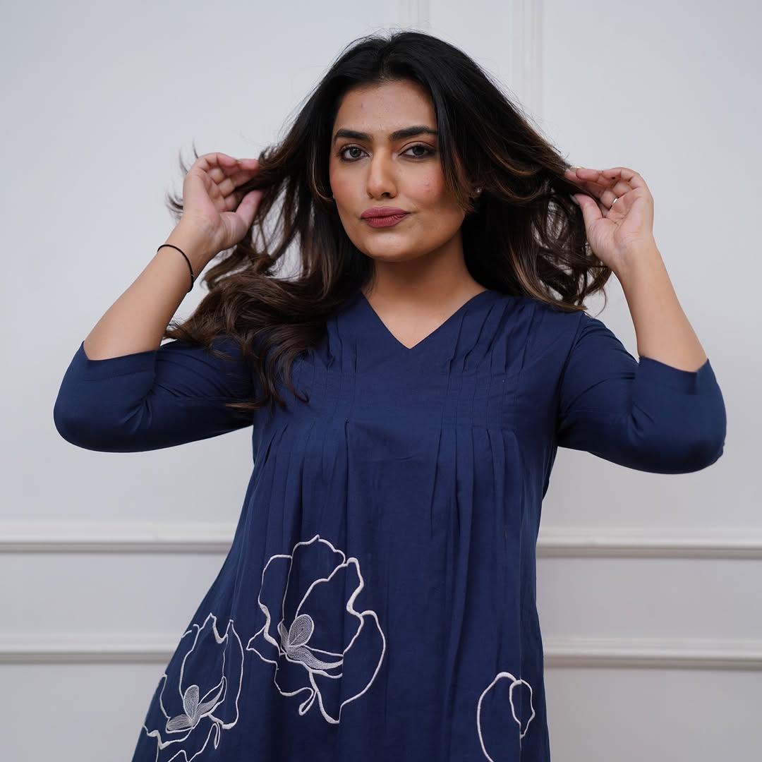 Navy Blue Premium Cotton Co-ord Set with Floral Embroidery