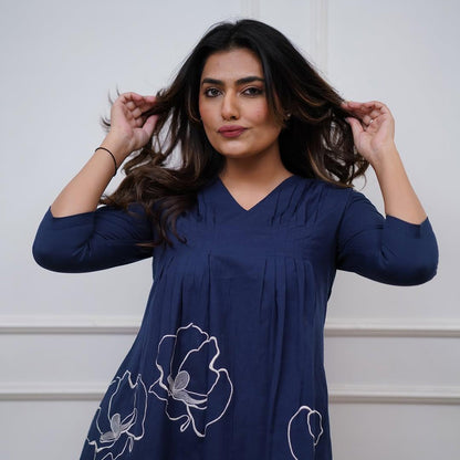 Navy Blue Premium Cotton Co-ord Set with Floral Embroidery