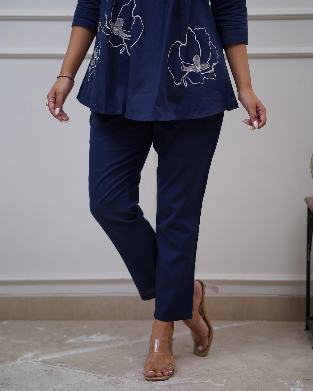 Navy Blue Premium Cotton Co-ord Set with Floral Embroidery