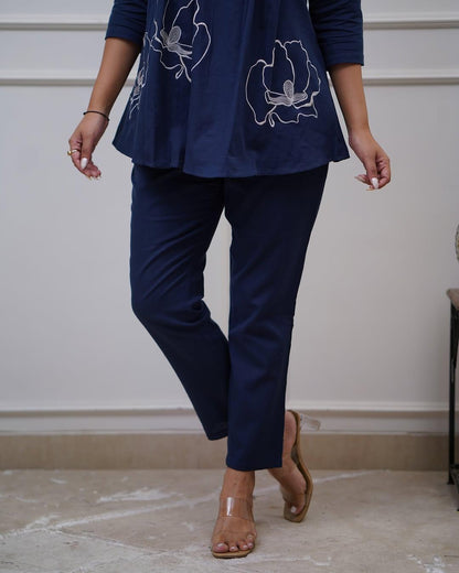Navy Blue Premium Cotton Co-ord Set with Floral Embroidery