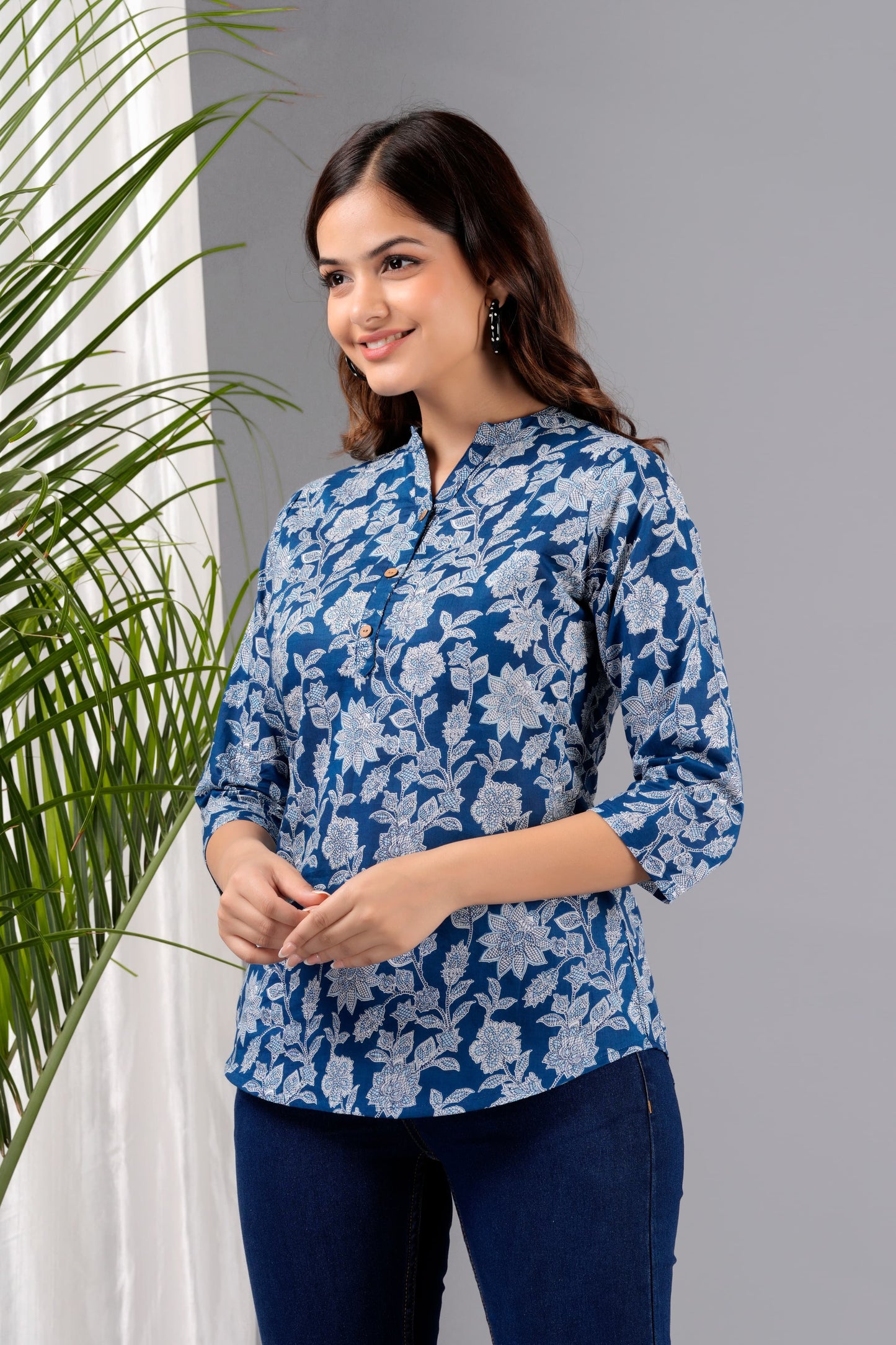 Navy Blue Printed Soft Cotton Top – Casual & Office Wear