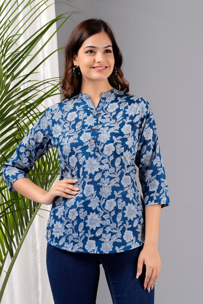 Navy Blue Printed Soft Cotton Top – Casual & Office Wear