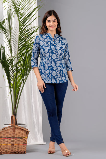 Navy Blue Printed Soft Cotton Top – Casual & Office Wear