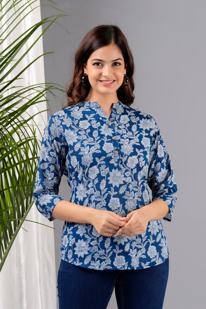 Navy Blue Printed Soft Cotton Top – Casual & Office Wear