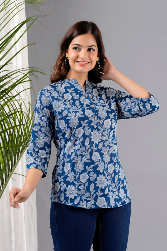 Navy Blue Printed Soft Cotton Top – Casual & Office Wear