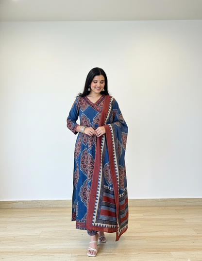Navy Blue Cotton Anarkali Set with Traditional Block Print – Daily & Office Wear