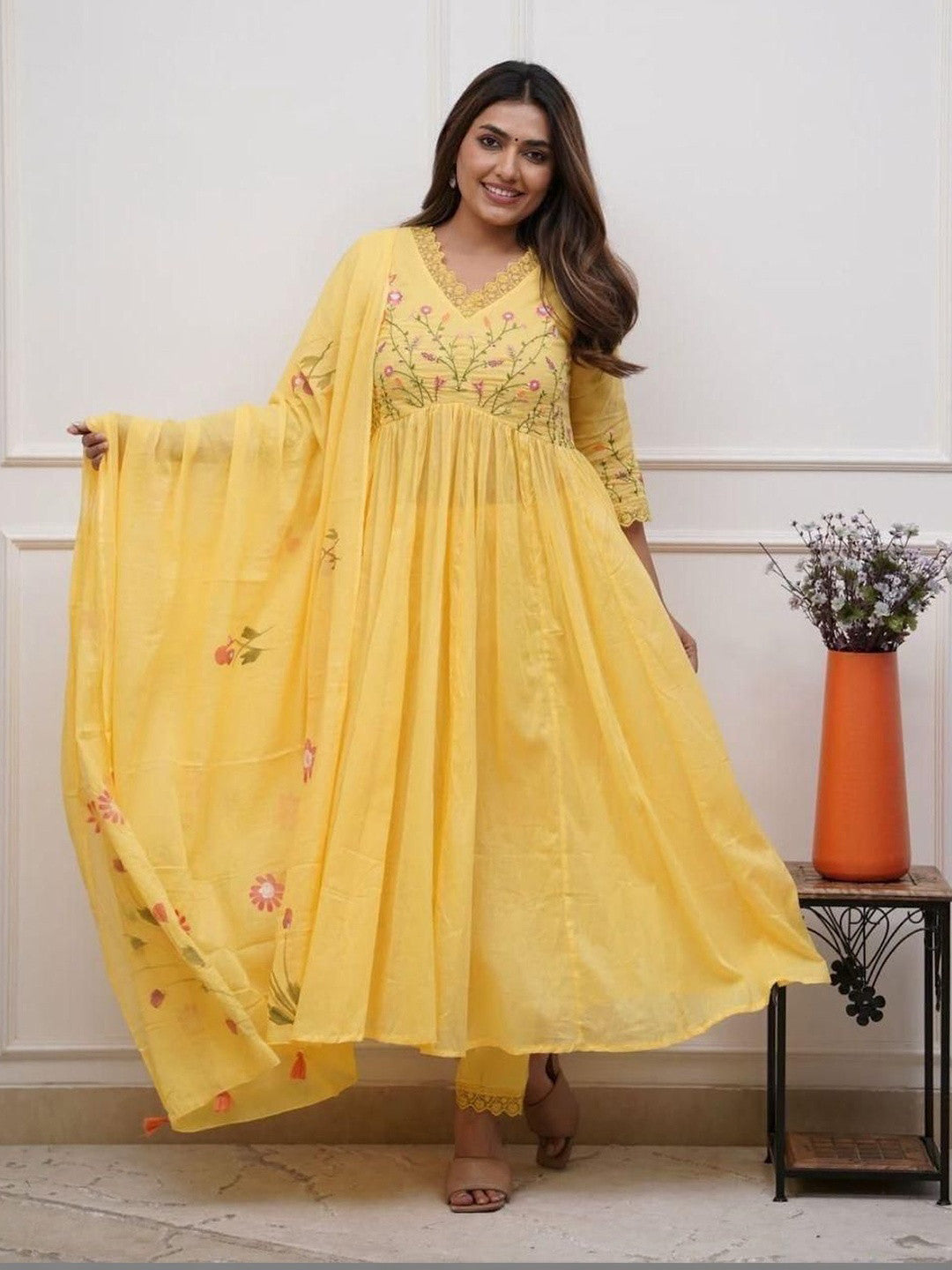 Yellow Cotton Embroidered Anarkali Suit Set for Women