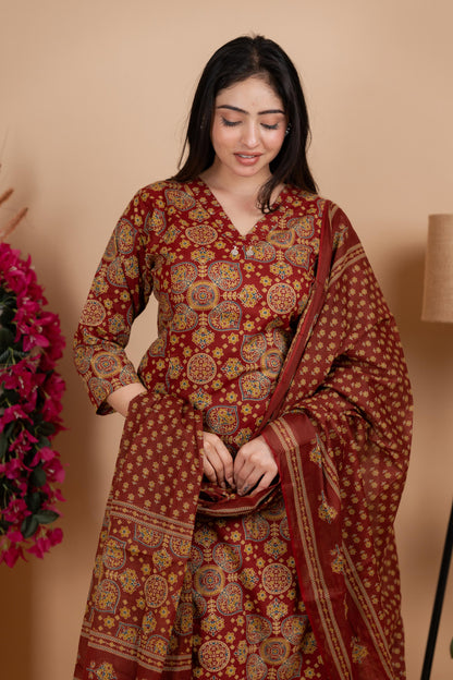 Olive Brown Jaipuri Cotton A-Line Suit Set - Daily & Ethnic Wear