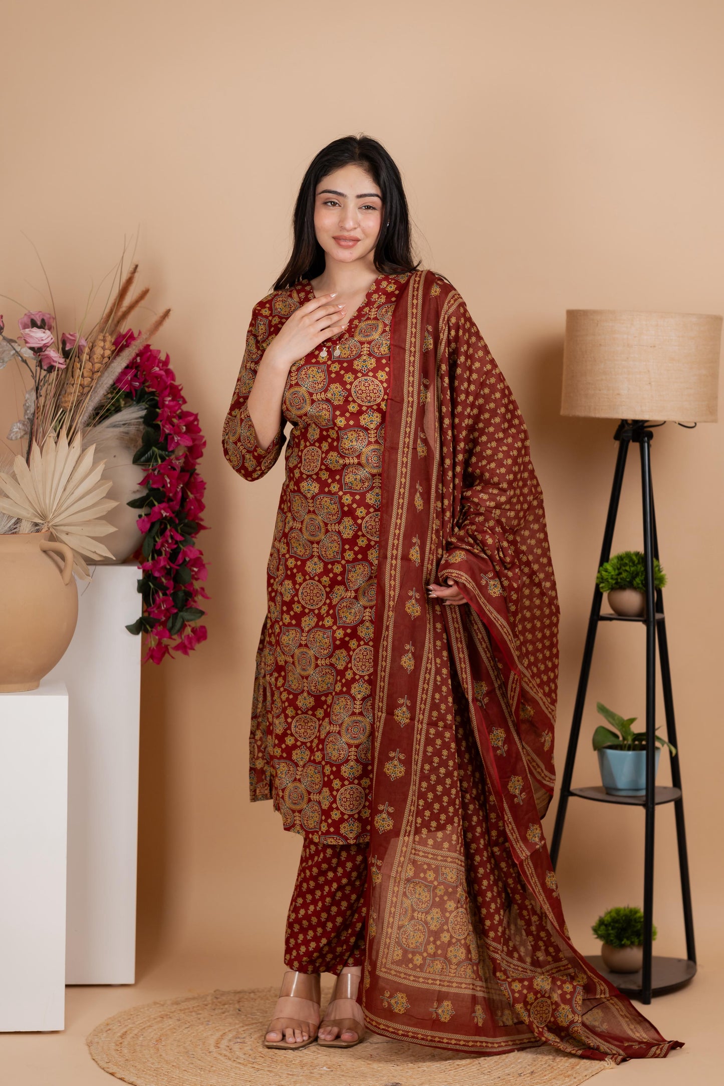 Olive Brown Jaipuri Cotton A-Line Suit Set - Daily & Ethnic Wear