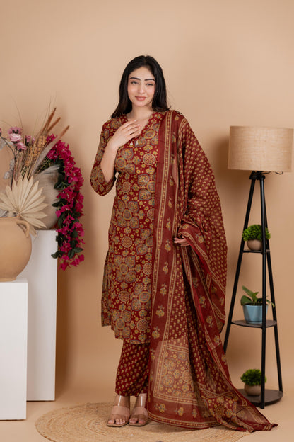 Olive Brown Jaipuri Cotton A-Line Suit Set - Daily & Ethnic Wear