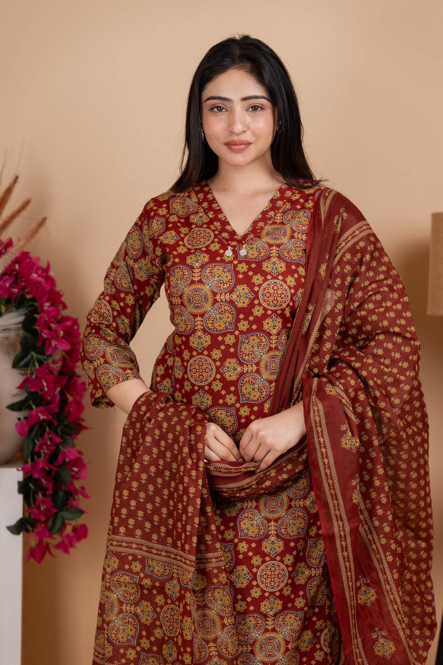 Olive Brown Jaipuri Cotton A-Line Suit Set - Daily & Ethnic Wear