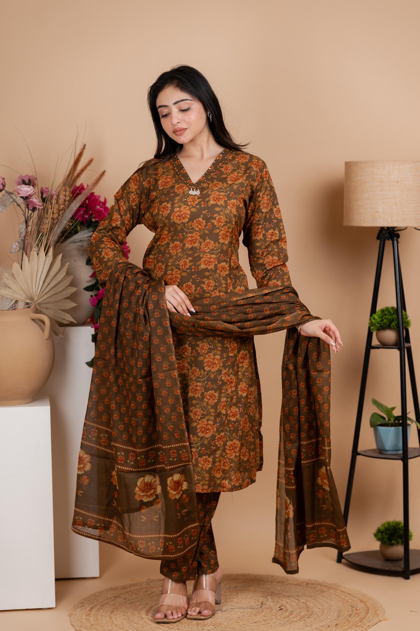 Olive Brown Jaipuri Cotton A-Line Suit Set - Daily & Ethnic Wear