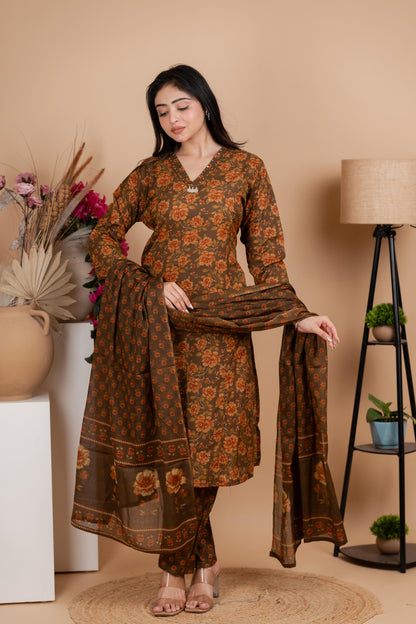 Olive Brown Jaipuri Cotton A-Line Suit Set - Daily & Ethnic Wear