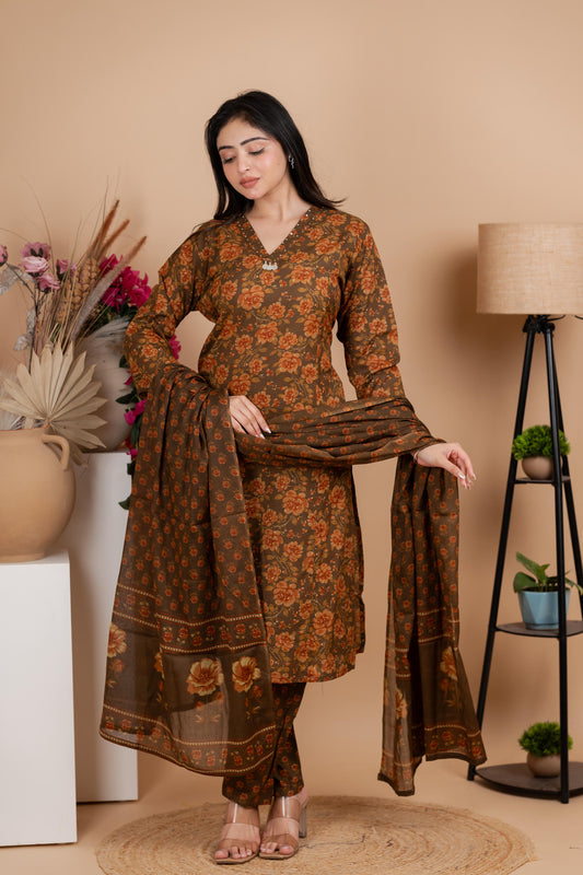 Olive Brown Jaipuri Cotton A-Line Suit Set - Daily & Ethnic Wear